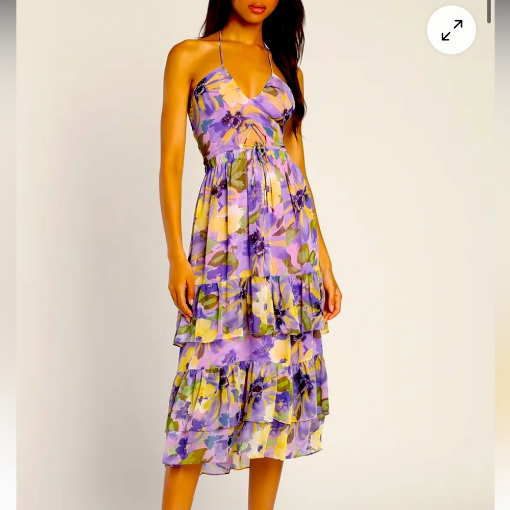 Lulus Vividly Vibing Purple Floral Tiered Cutout Halter Midi Dress